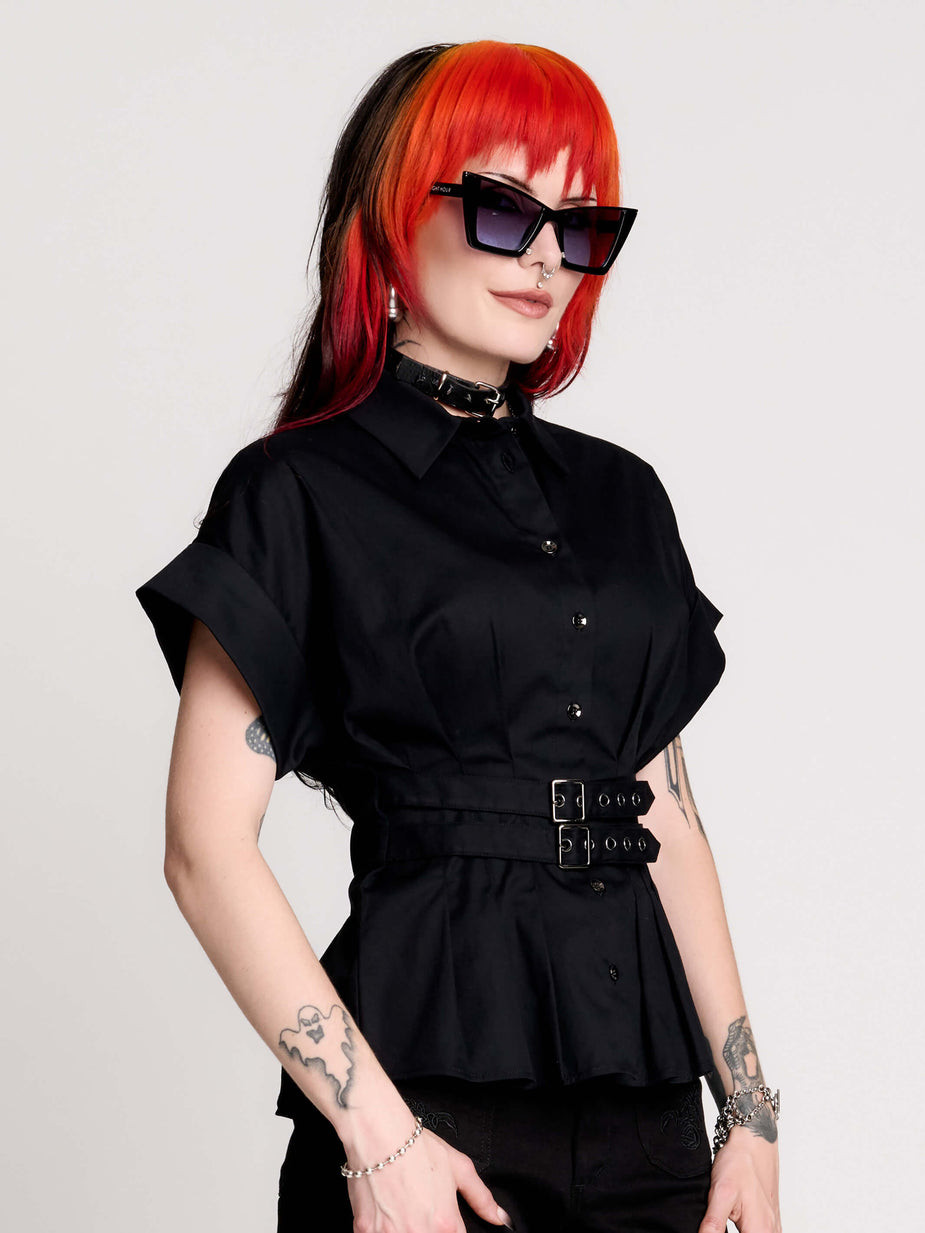 Peplum Shirt with Belted Waist and Wide-Leg Pants for Defined Silhouette — Corporate Goth Outfits
