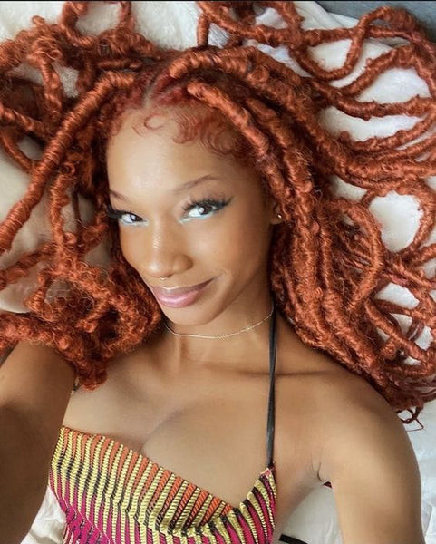 Copper Ginger Mid-Back Wavy Locs With Wispy Bangs Copper Ginger Mid-Back Wavy Locs With Wispy Bangs — Ginger Locs