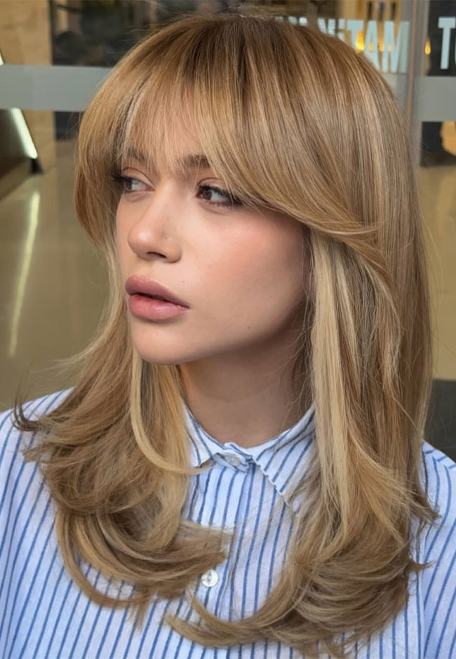 Honey Blonde Collarbone Cut with Money Piece — Long Layered Hair with Curtain Bangs
