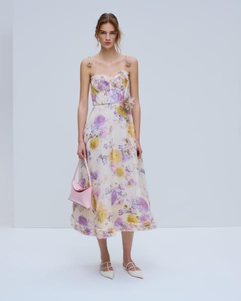 Cream Floral Midi Dress with Applique Details — Garden Party Outfits