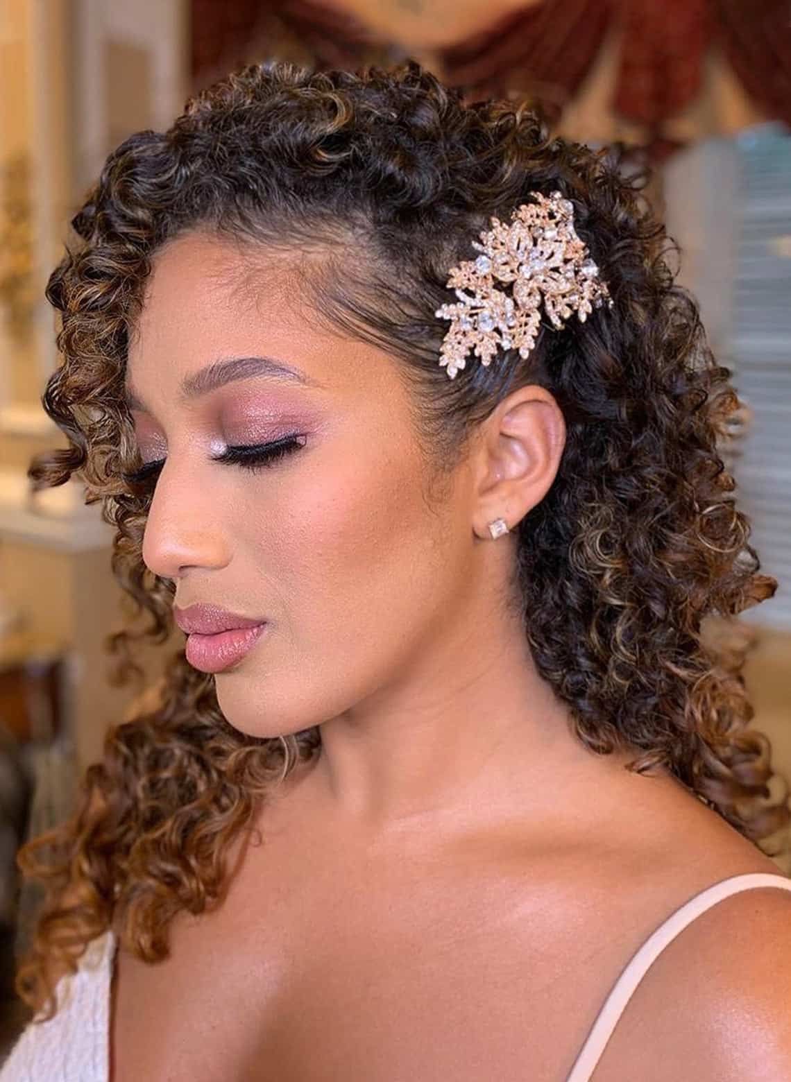 Pulled Back Sides With Sparkling Clip Pulled Back Sides With Sparkling Clip — Wedding Hairstyles for Curly Hair
