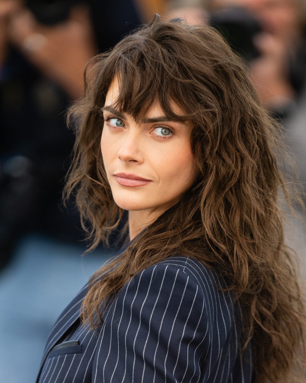 Sharp Pinstripe Blazer Elevates French Bangs Sharp Pinstripe Blazer Elevates French Bangs