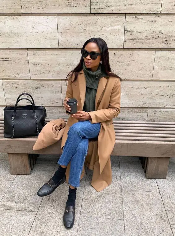 Classic Horsebit Loafers with a Camel Coat and Blue Jeans — Loafer Outfits