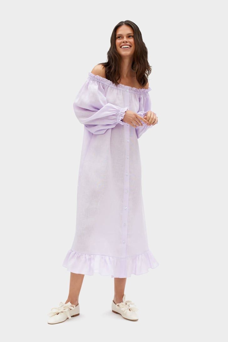 Light Purple Off-the-Shoulder Maxi Dress with Ruffled Hem — House Dresses