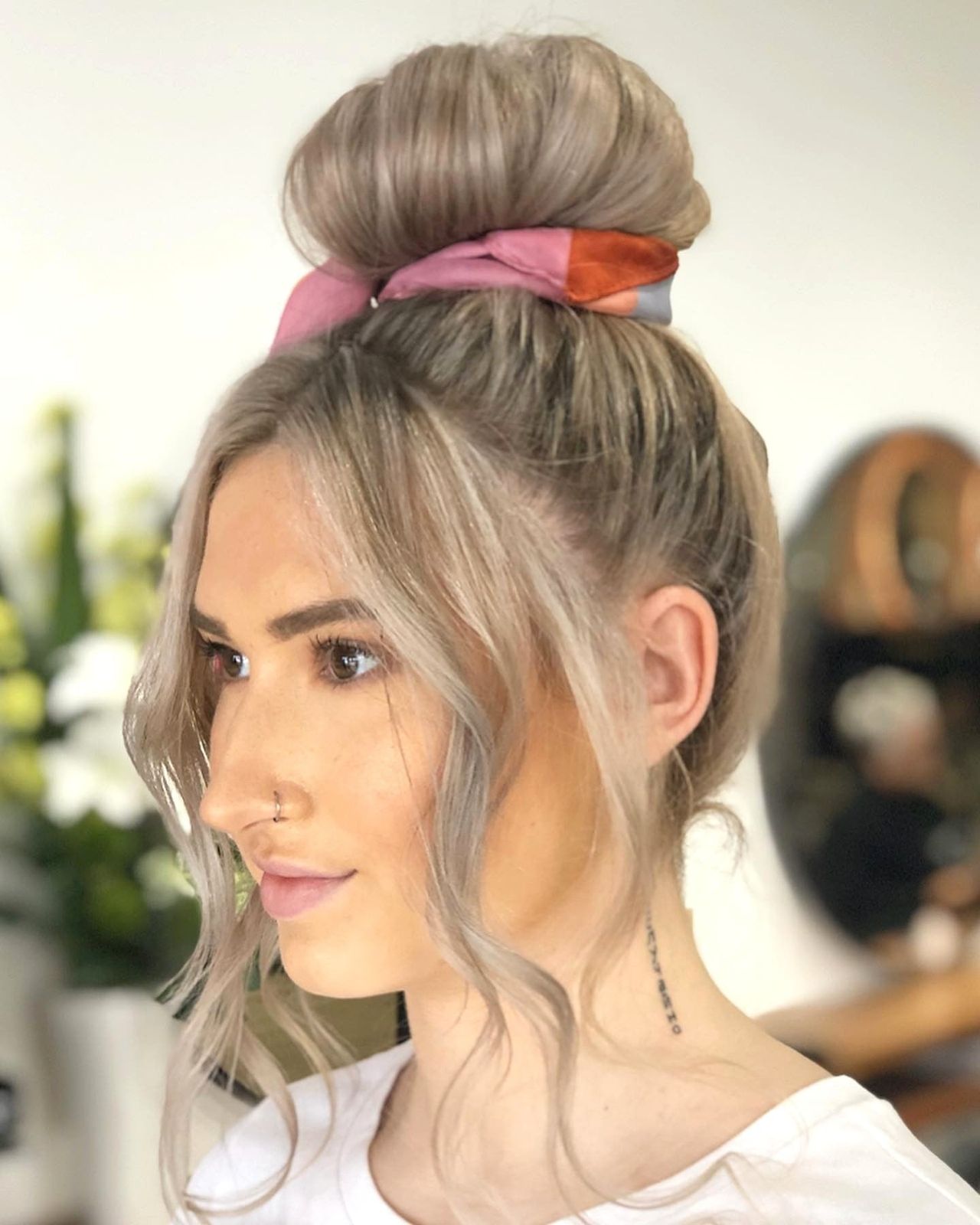 Ash Blonde Top Knot With Colorful Scrunchie Ash Blonde Top Knot With Colorful Scrunchie