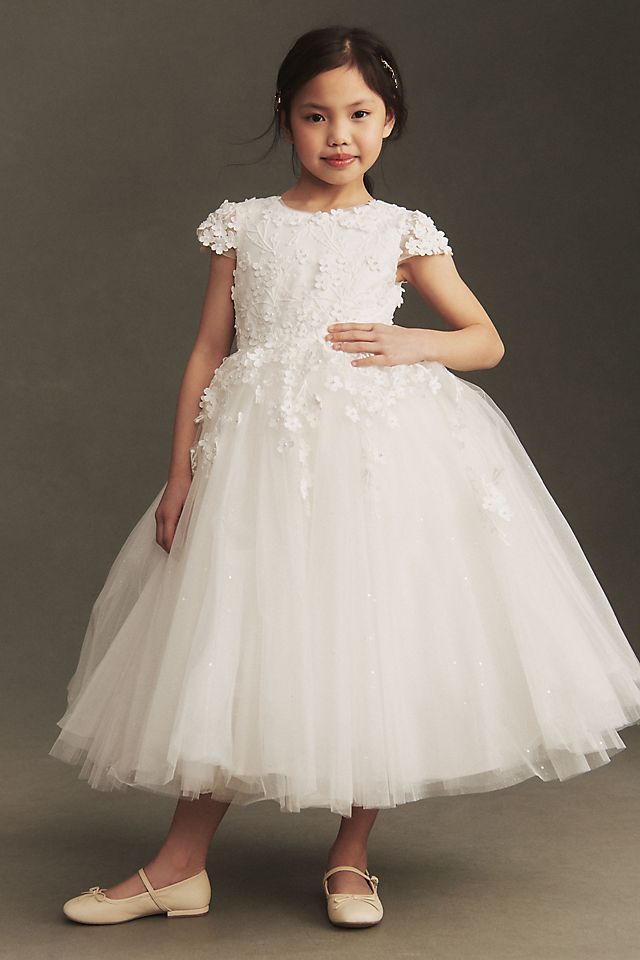 White Tulle Ball Gown with Intricate Floral Applique White Tulle Ball Gown with Intricate Floral Applique — Flower Girl Dresses