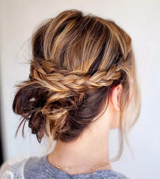 Messy Bun with Braided Crown and Caramel Highlights — Updos for Medium Hair