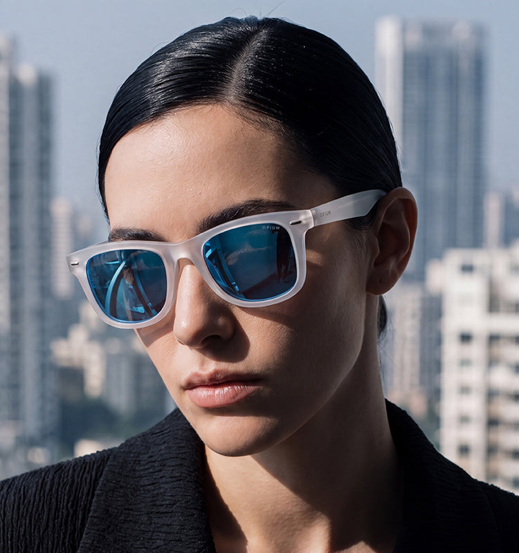 Modern Edge: Translucent White Sunglasses with Black Blazer — Sunglasses for Oval Face