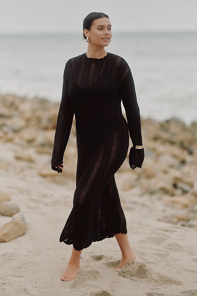 Bohemian Black Crochet Maxi Dress with Scalloped Cuffs Bohemian Black Crochet Maxi Dress with Scalloped Cuffs — Crochet Dresses