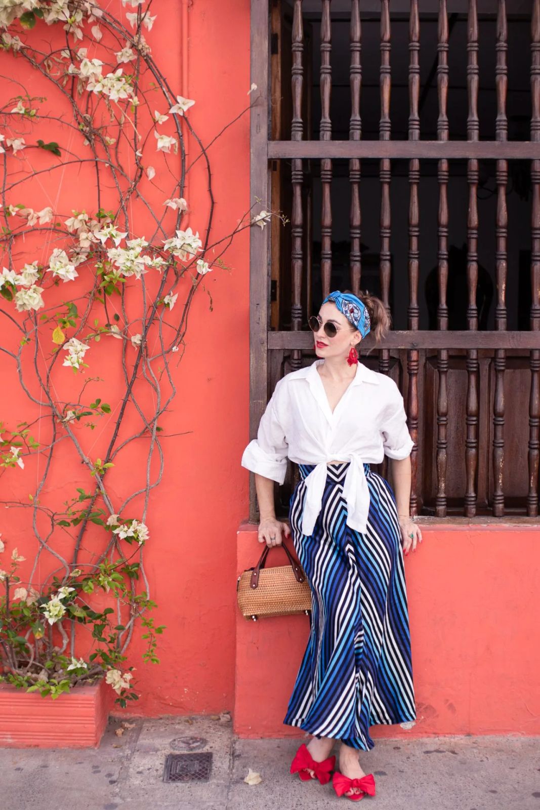 Coastal Chic: Tied White Shirt and Striped Maxi Skirt — Cartagena Outfits