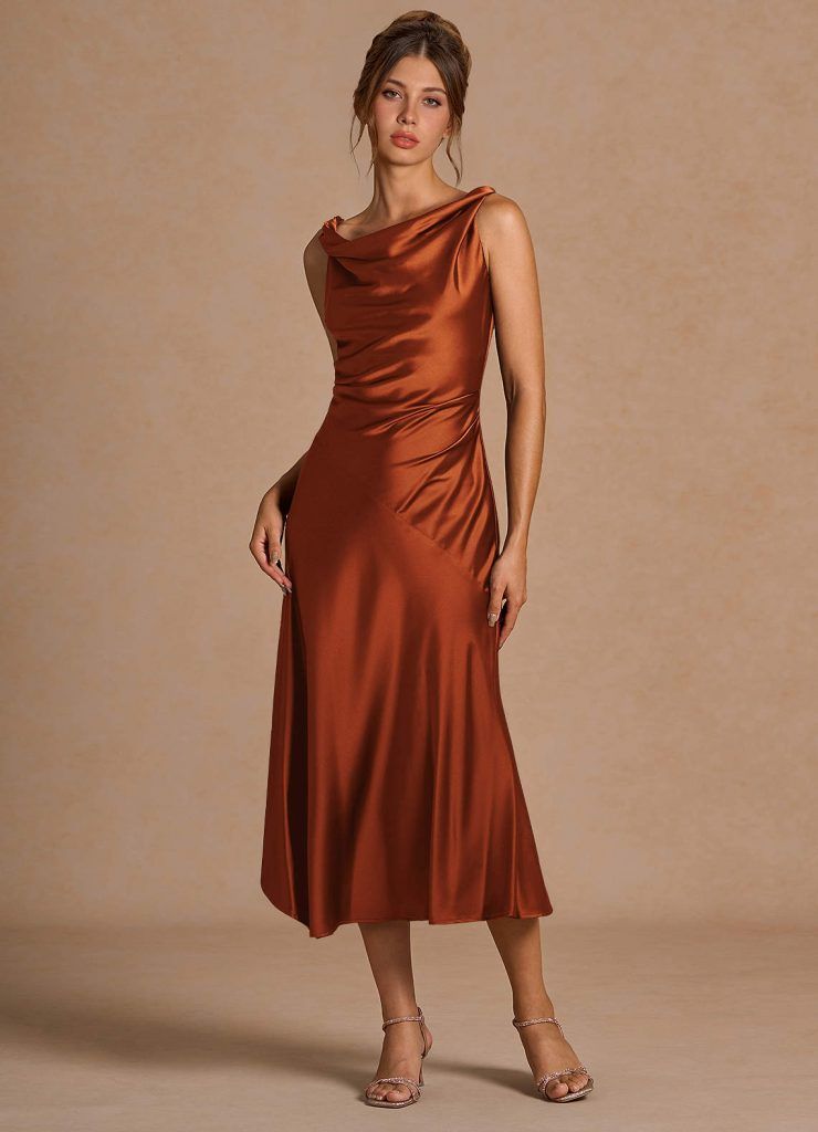 Burnt Orange Satin Midi Dress with Cowl Neckline — Party Dresses