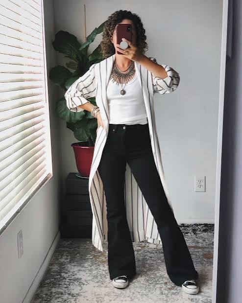 Striped Duster and Sneakers with Black Flares — Flare Jeans Outfits