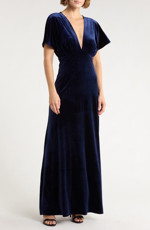 Navy Blue Velvet Maxi Dress with Deep V-Neckline — Semi Formal Dresses