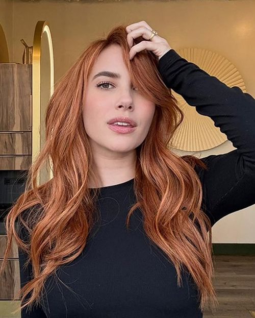Warm Copper Red With Side-Swept Bangs Warm Copper Red With Side-Swept Bangs — Low Maintenance Hair Color