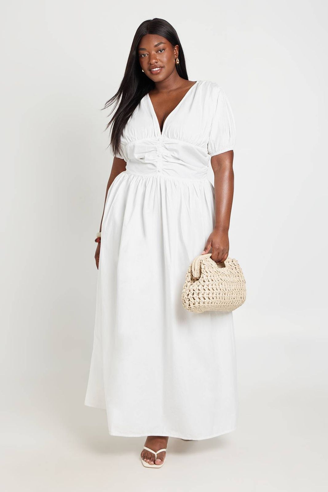 White Linen-Like Maxi Dress with Ruched Bodice — Plus Size Dresses