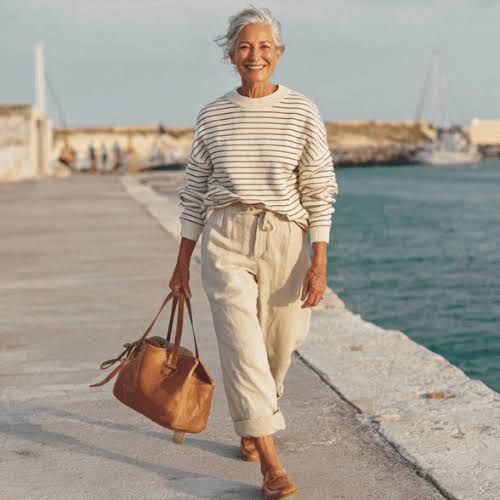 Coastal Comfort: Navy Stripes Meet Cream Linen Pants — Grandma Outfits