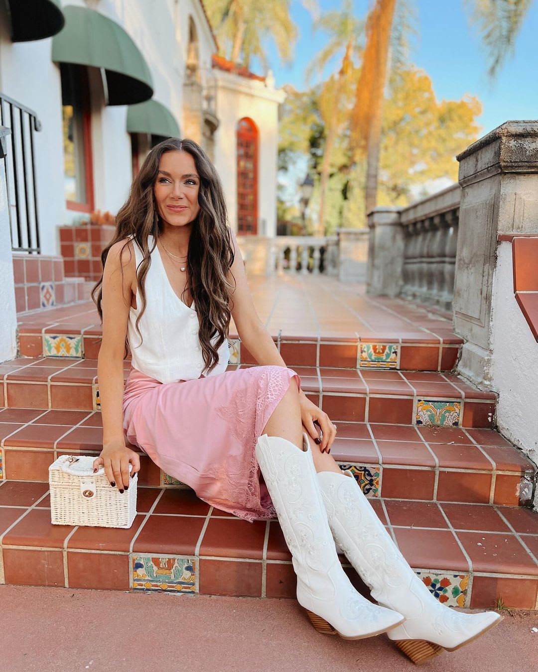 White Cowboy Boots with a Pink Lace Skirt — Cowboy Boots Outfits