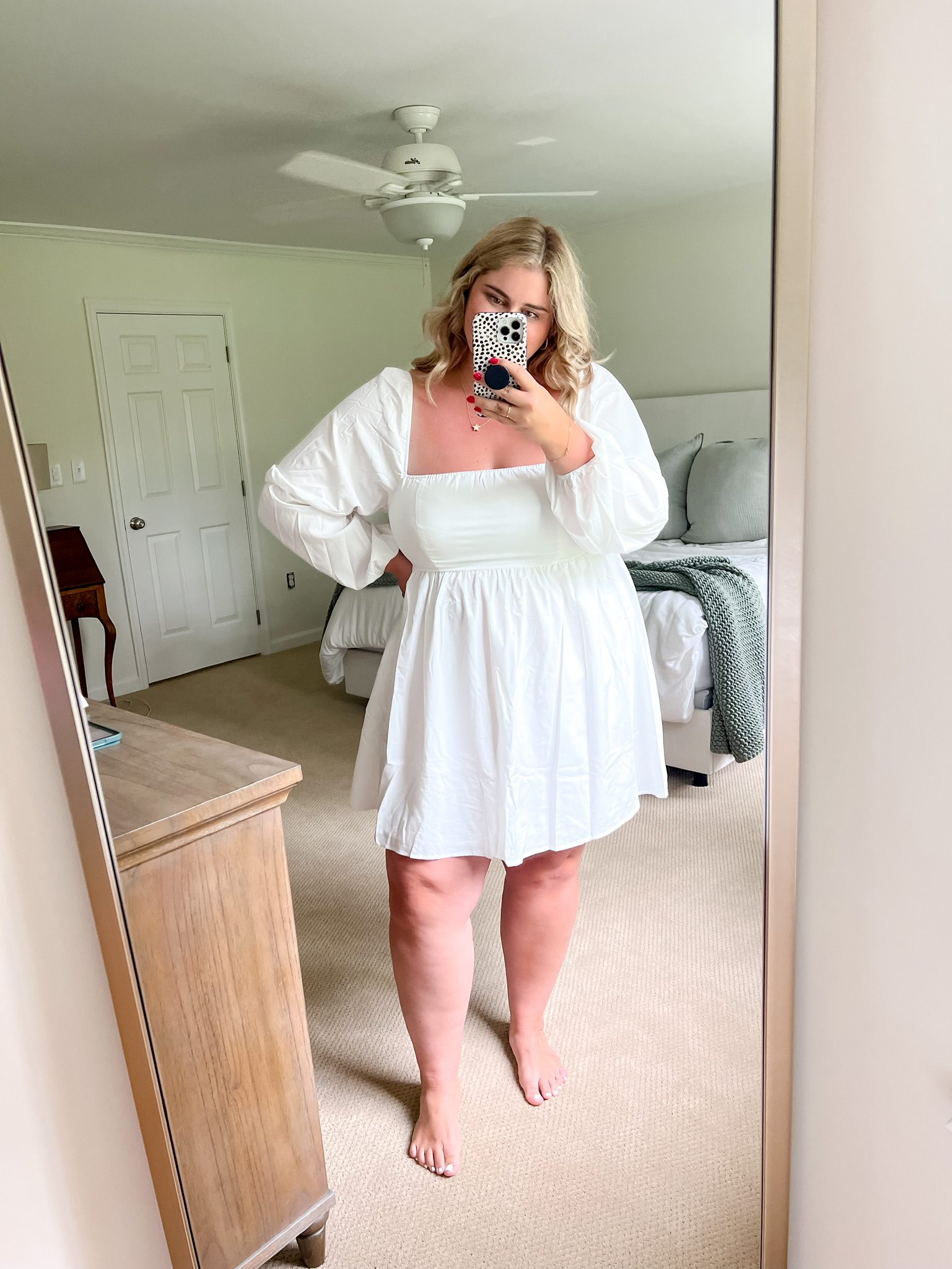 White Cotton Babydoll Mini Dress with Square Neckline White Cotton Babydoll Mini Dress with Square Neckline — Bridal Shower Outfits
