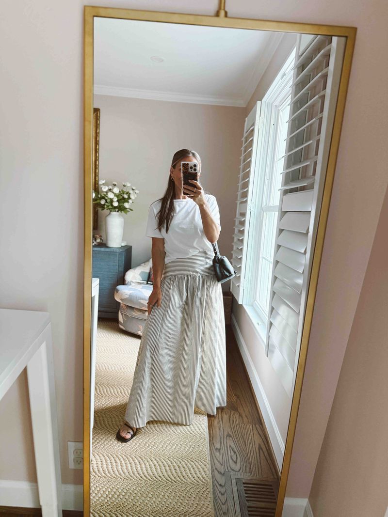 Striped Maxi Skirt with a White T-Shirt Striped Maxi Skirt with a White T-Shirt — Elementary Teacher Outfits