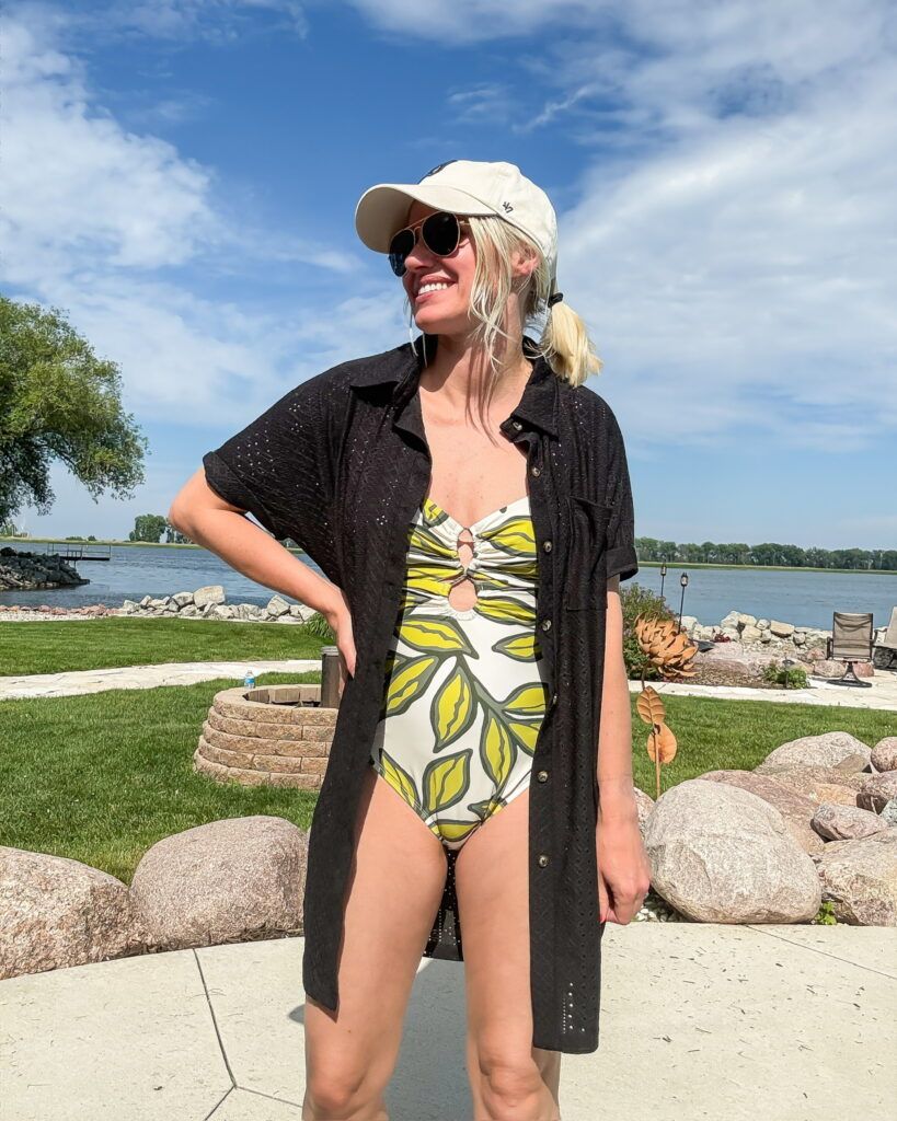 Open-Knit Shirt Over Patterned Swimsuit for Lakeside Casual — Lake Outfits