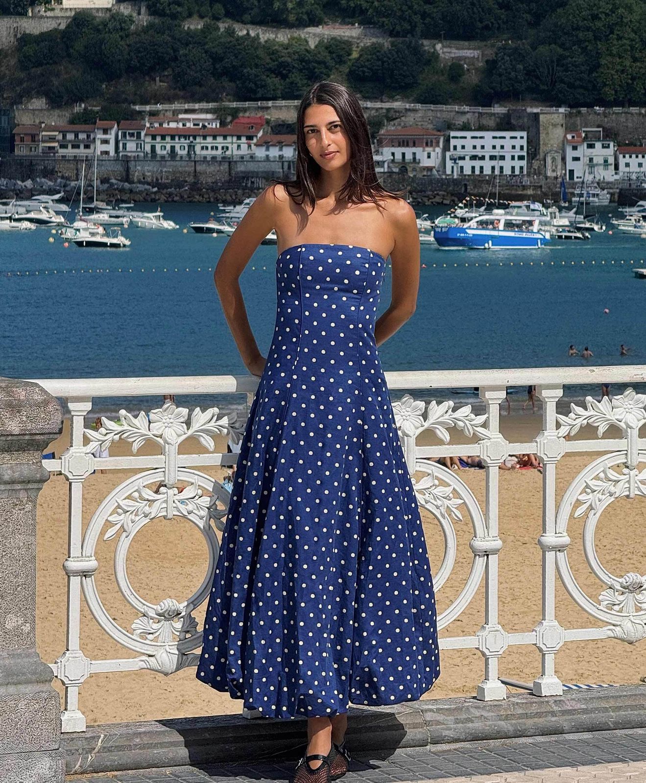 Strapless Fit-and-Flare Midi Dress for Summer Seaside Strapless Fit-and-Flare Midi Dress for Summer Seaside — Polka Dot Dresses