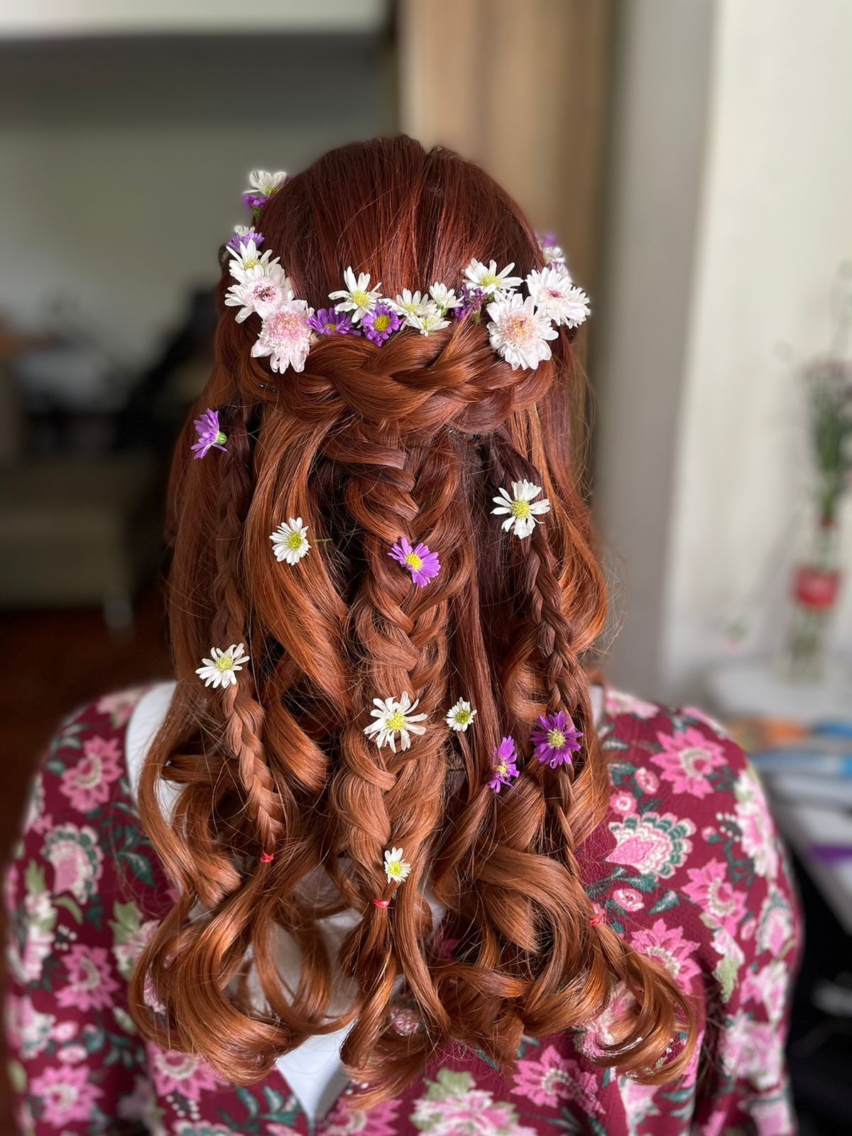 Red Hair Braids and Curls with Flower Crown — Wedding Hairstyles with Flowers