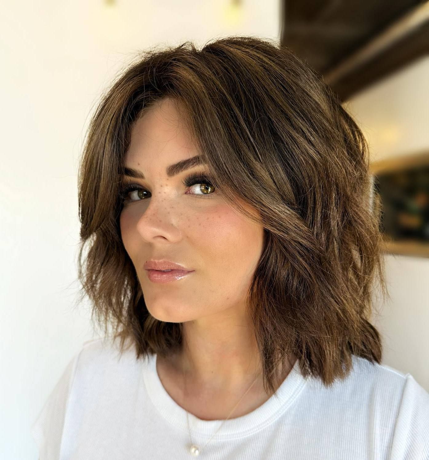 Medium Brown Bob With Side-Swept Bangs — Choppy Bob