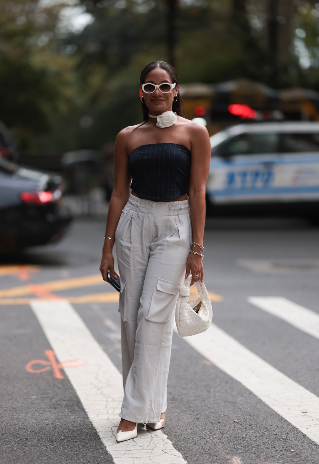 Pinstripe Tube Top with Grey Linen-Like Trousers Pinstripe Tube Top with Grey Linen-Like Trousers — Tube Top Outfits
