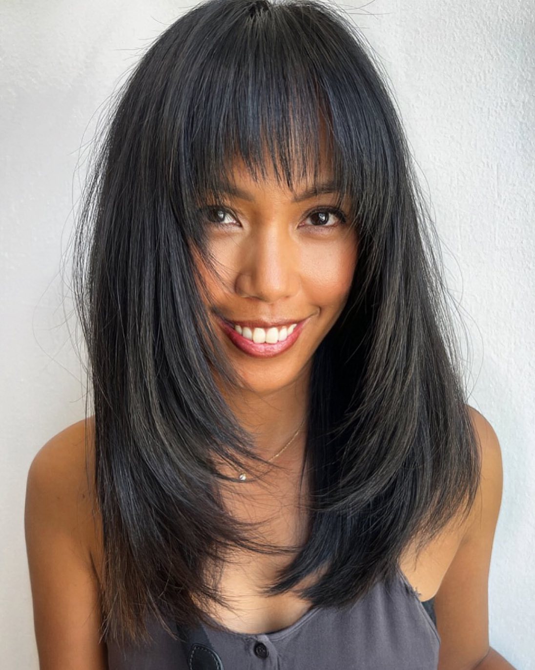 Dark Brown Lob With Blunt Bangs — Layered Hair