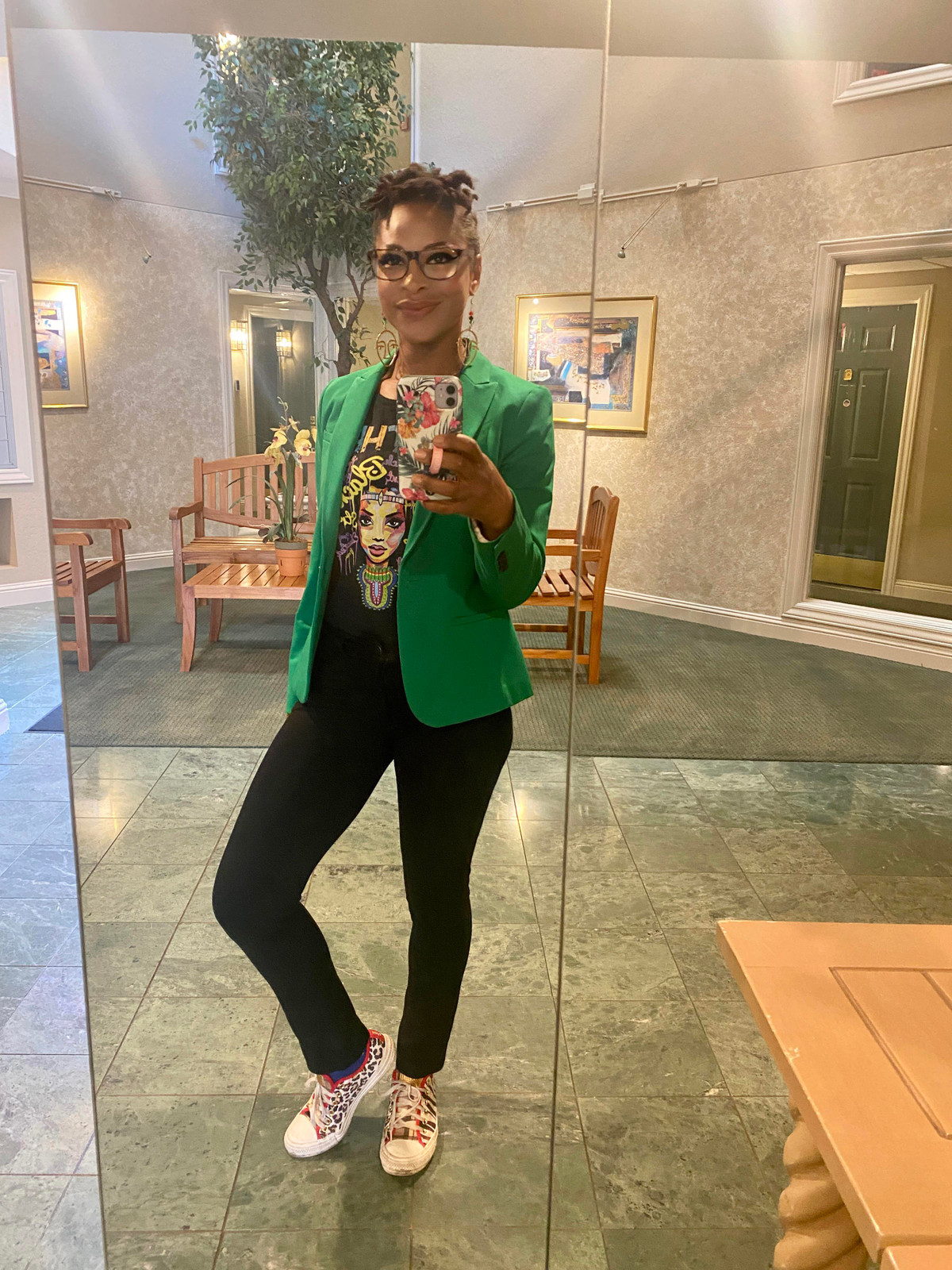 Bold Green Blazer Over Graphic Tee with Slim Trousers — Student Teacher Outfits