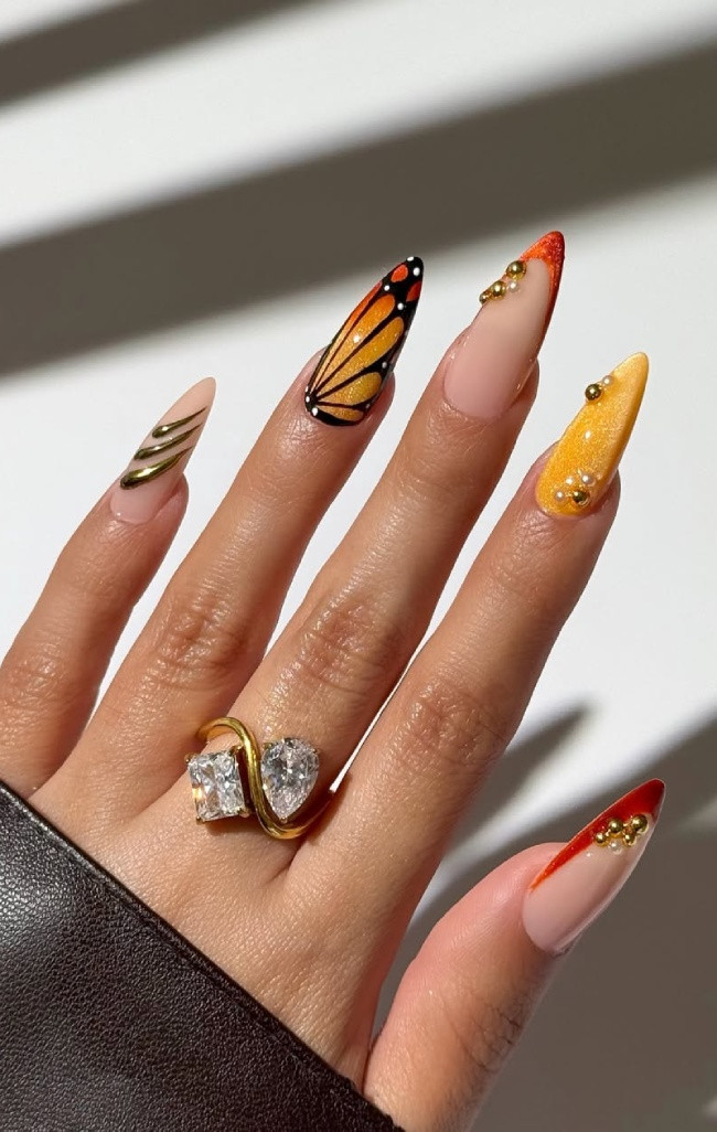 Orange Yellow Butterfly Wing Stiletto Orange Yellow Butterfly Wing Stiletto — Butterfly Nails