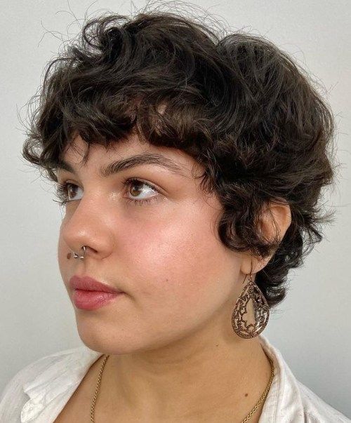 Thick Dark Brown Pixie With Natural Curls Thick Dark Brown Pixie With Natural Curls — Pixie Cut for Round Face