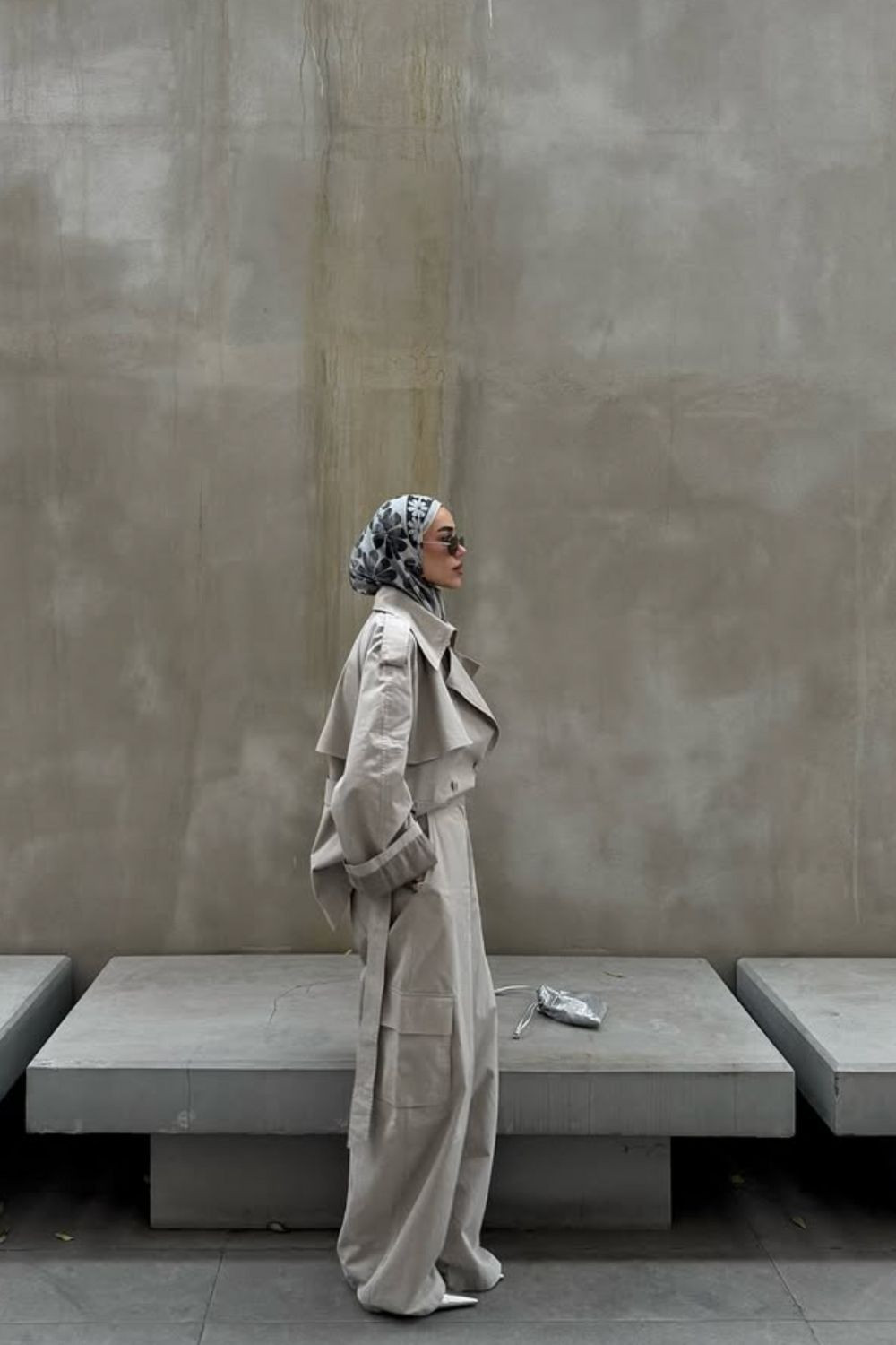 Patterned Hijab with Beige Trench Coat and Cargo Pants — Hijab Outfits