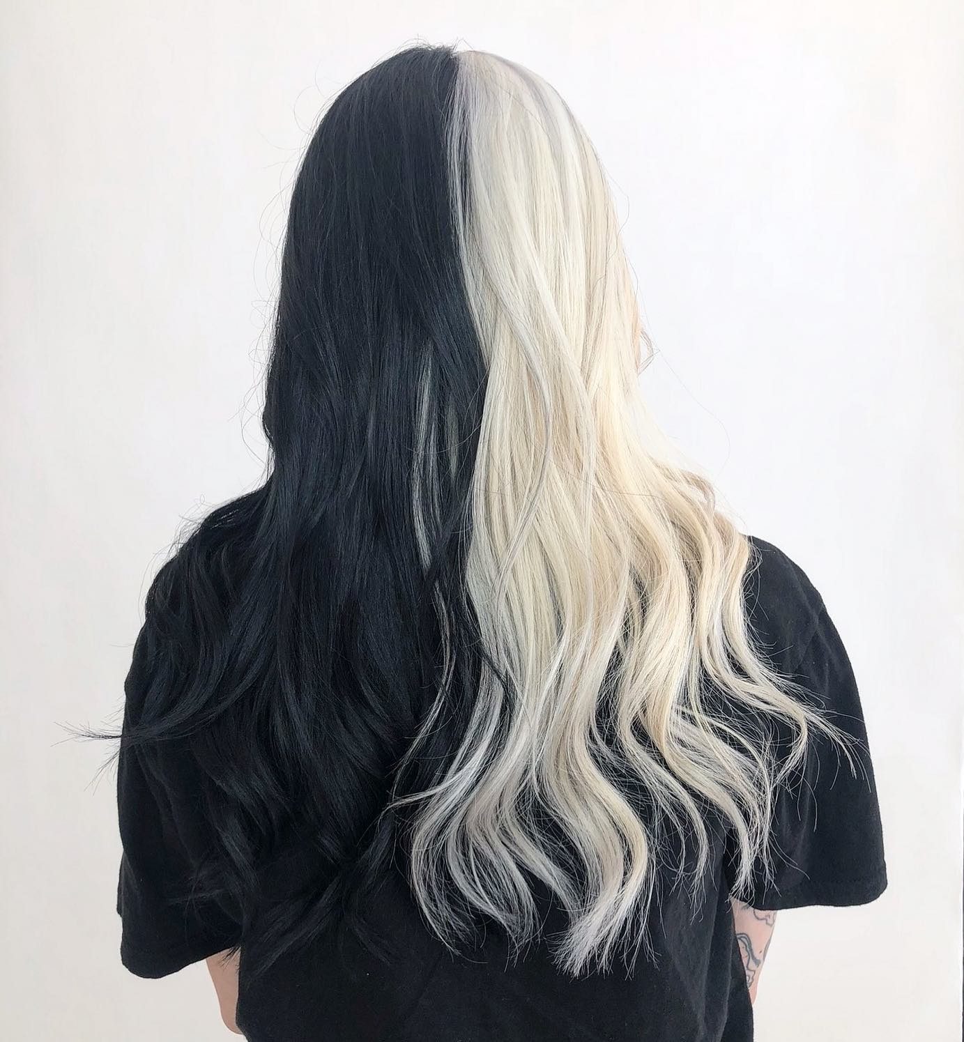 Thick Wavy Black and Platinum Split Thick Wavy Black and Platinum Split — Split Dye Hair