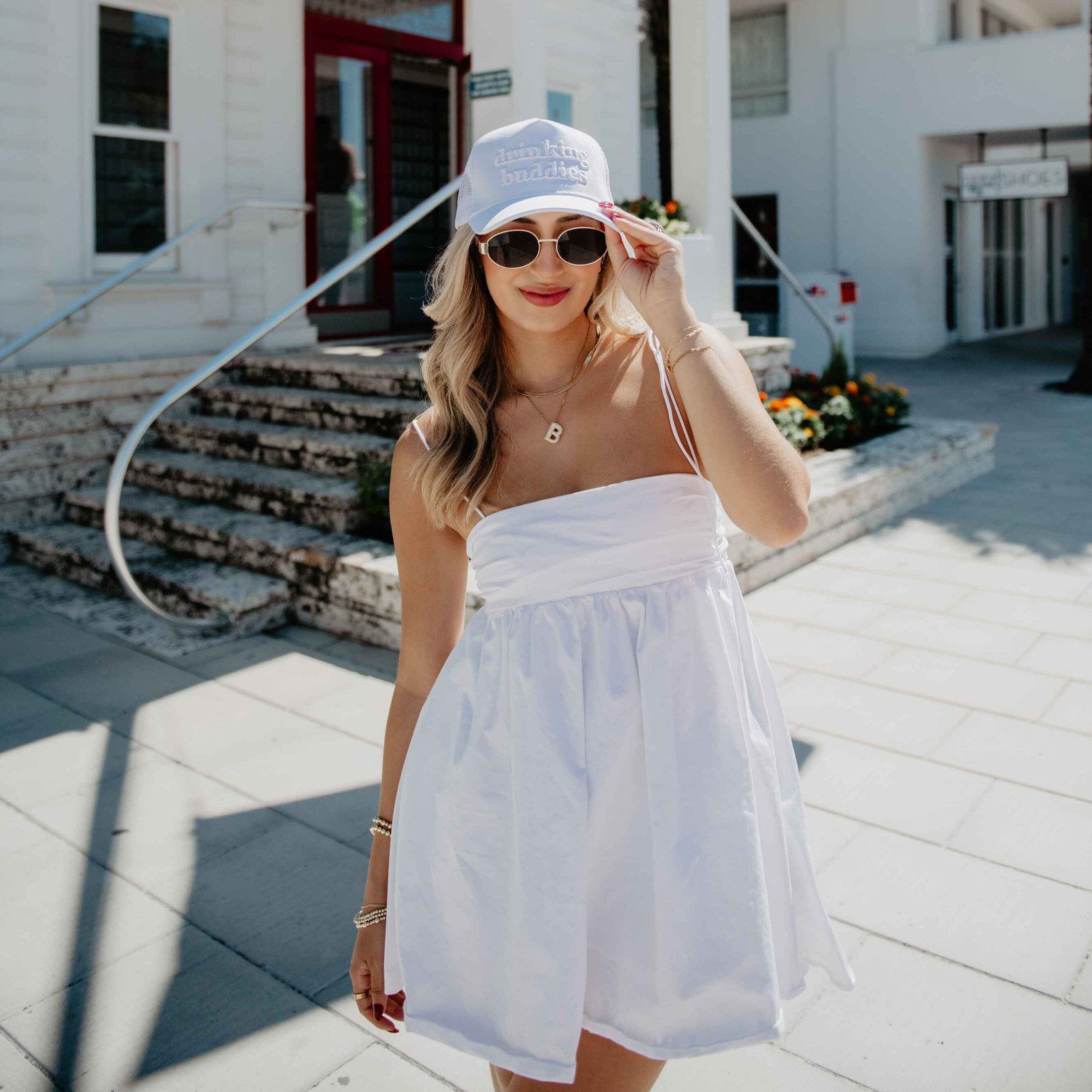 Minimalist White Trucker Hat with A-Line Mini Dress Minimalist White Trucker Hat with A-Line Mini Dress — Trucker Hat Outfits