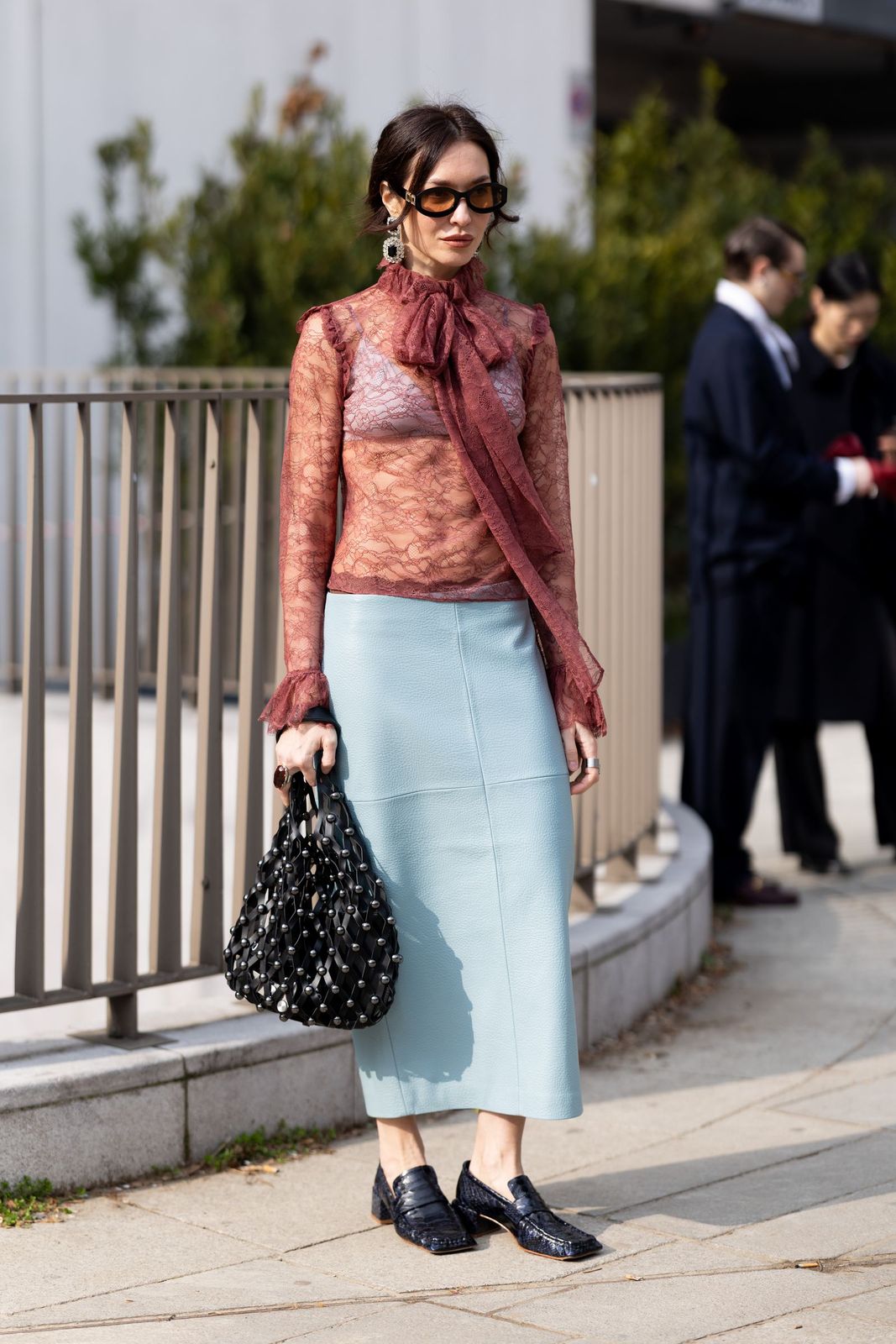Light Blue Leather Pencil Skirt with Sheer Lace Top — Pencil Skirt Outfits
