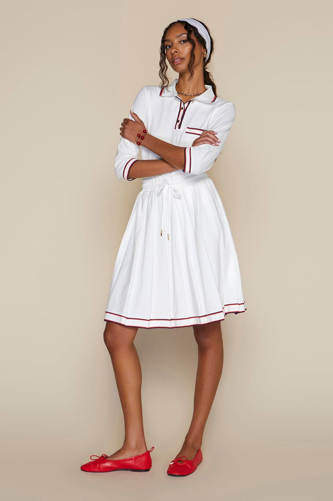 Preppy White Collared Dress with Red Accents — Hamptons Outfits