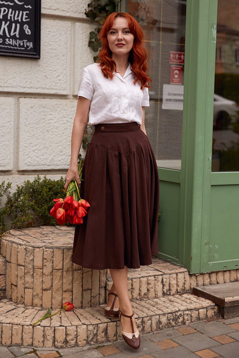Vintage-Inspired Pleated Dark Brown A-Line Midi Skirt — A Line Skirts