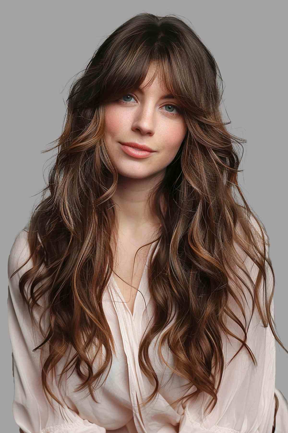 Brown and Blonde Highlights in Loose Waves — Long Layered Hair with Curtain Bangs