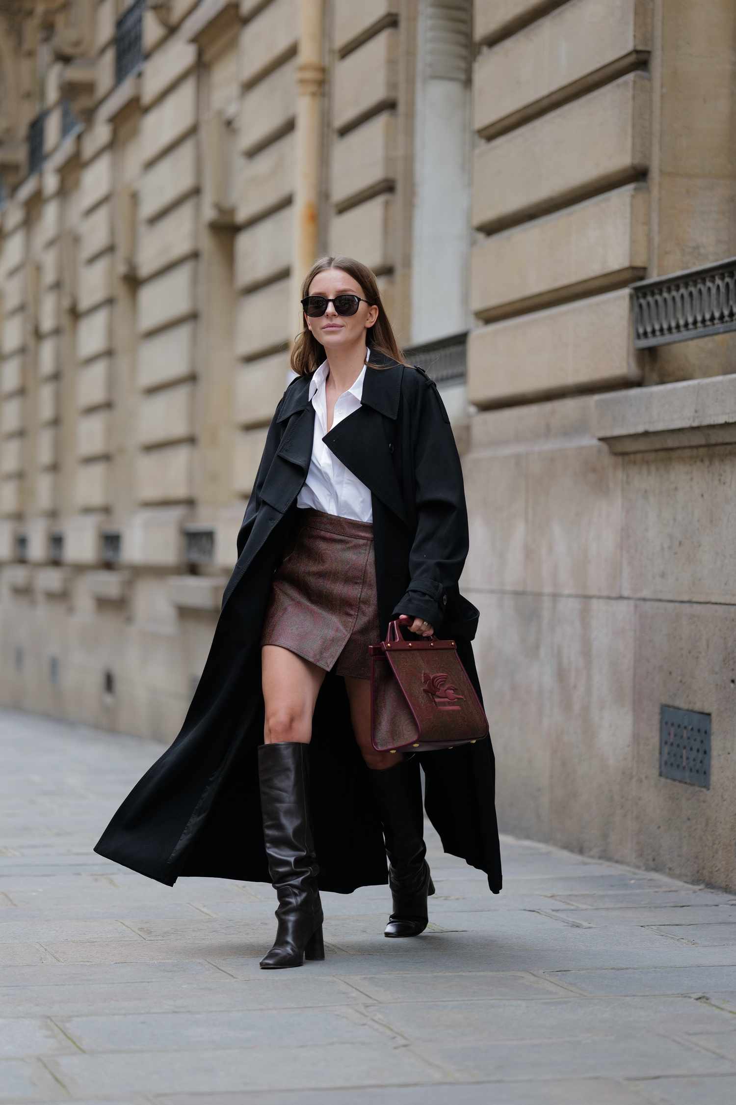 Black Trench Coat with Printed Mini Skirt — Trench Coat Outfits