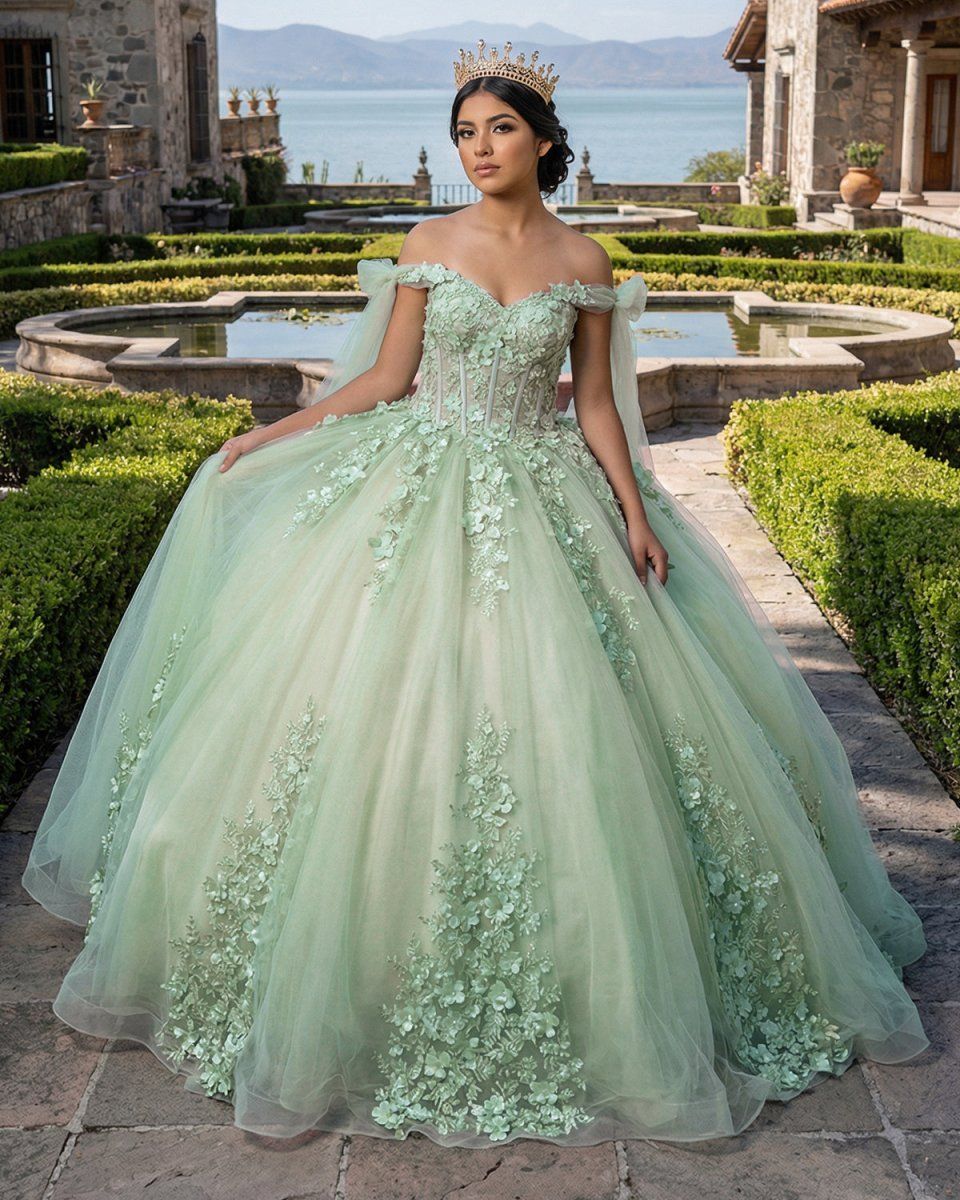 Sage Green Tulle Ball Gown with Floral Applique Sage Green Tulle Ball Gown with Floral Applique — Ball Gowns
