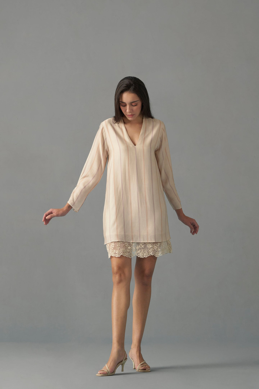 Beige Long-Sleeved Mini Dress for Loungewear — House Dresses
