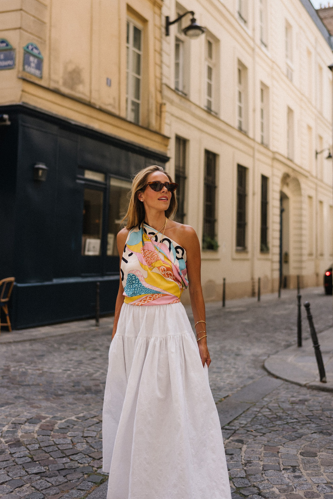 Asymmetrical Silk Scarf Top with Tiered Maxi Skirt — Silk Scarf Outfits