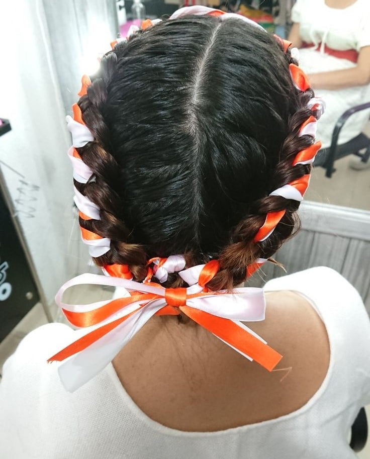 Braids Wrapped With White and Orange Ribbons Braids Wrapped With White and Orange Ribbons — Mexican Hairstyles