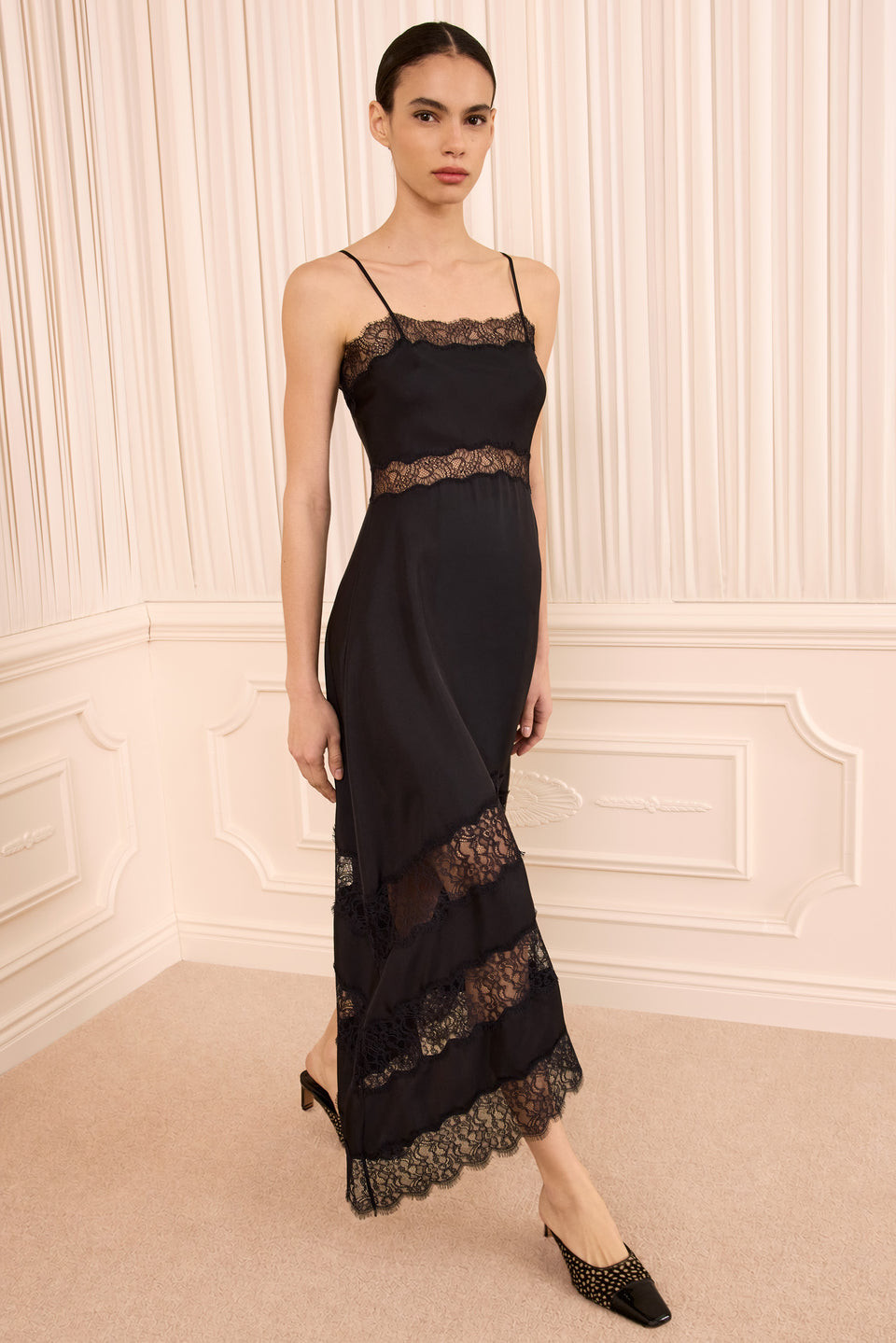 Black Satin Slip Midi Dress with Lace Trim — Vacation Dresses