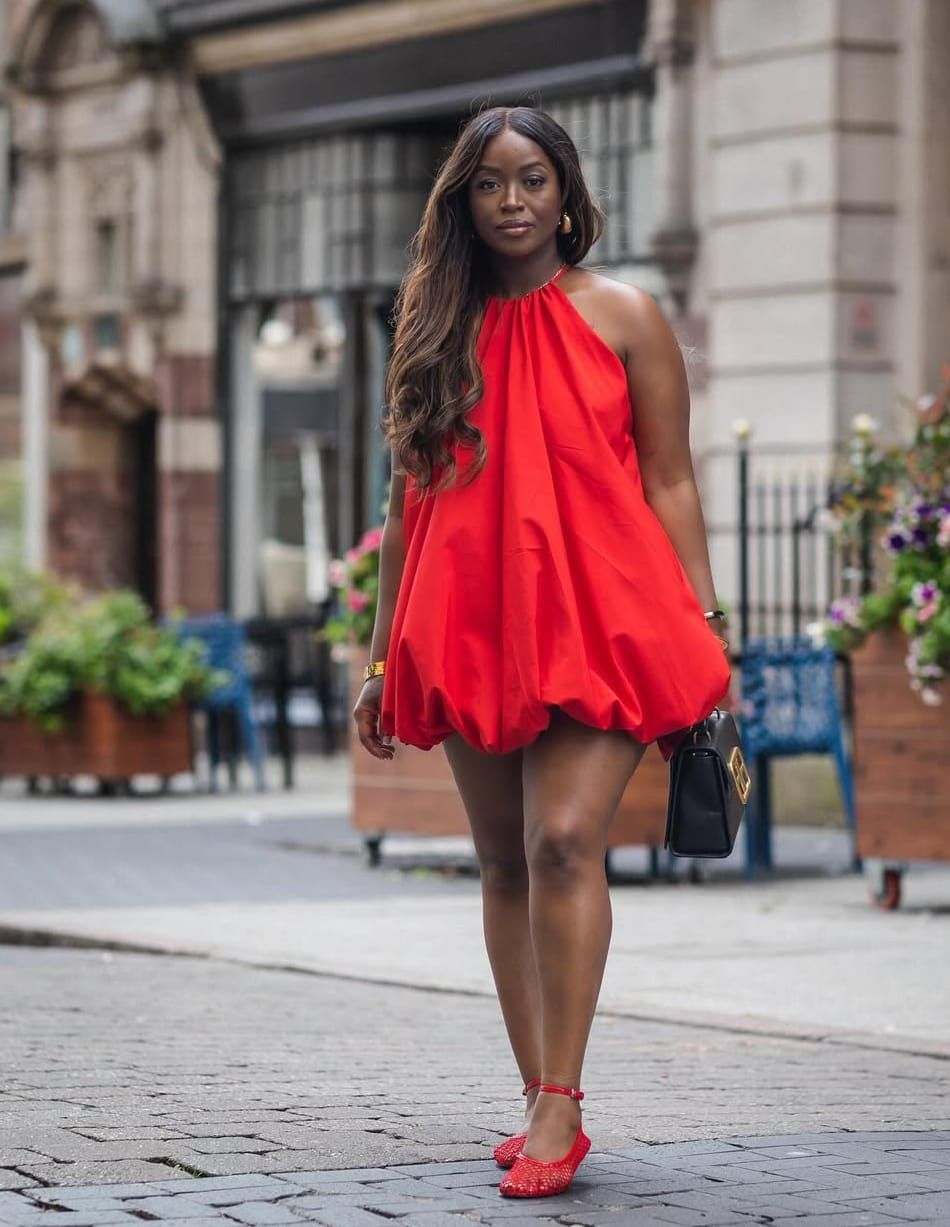Vibrant Red Halter Dress with Bubble Hem and Embellished Flats — Bubble Hem Dresses