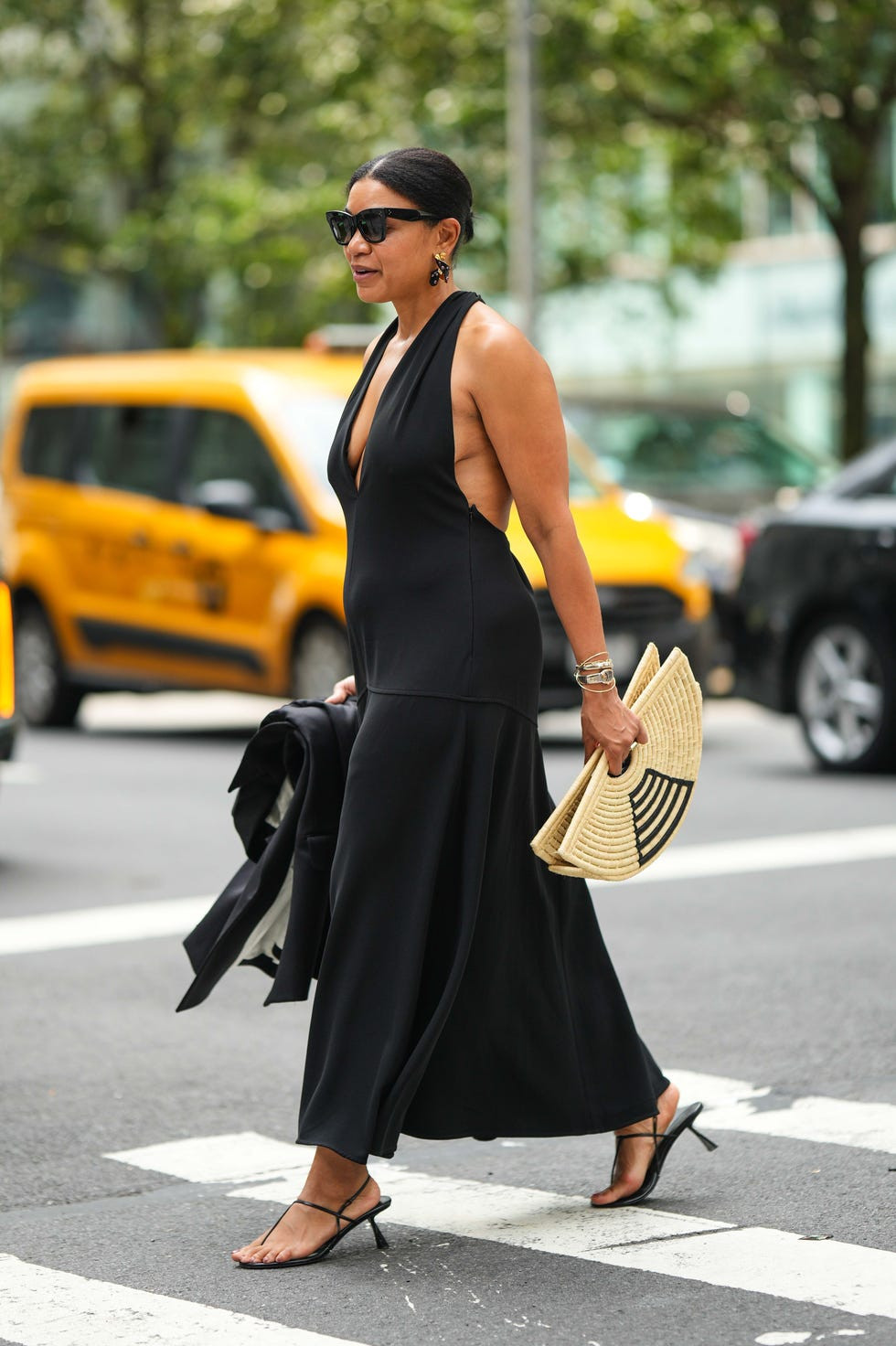 Effortless Daytime Chic: Black Strappy Kitten Heels with Halter Dress and Blazer Effortless Daytime Chic: Black Strappy Kitten Heels with Halter Dress and Blazer — Strappy Heels Outfits