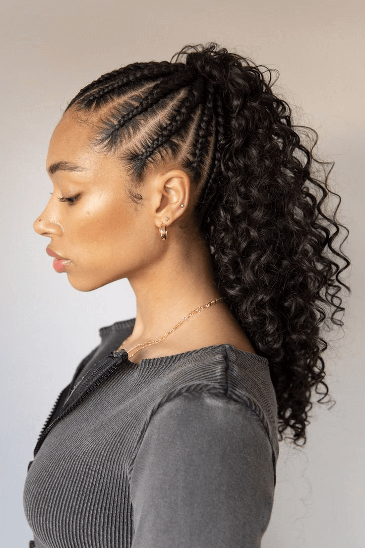 Black Cornrows With Voluminous Curly Ponytail — Braided Ponytail