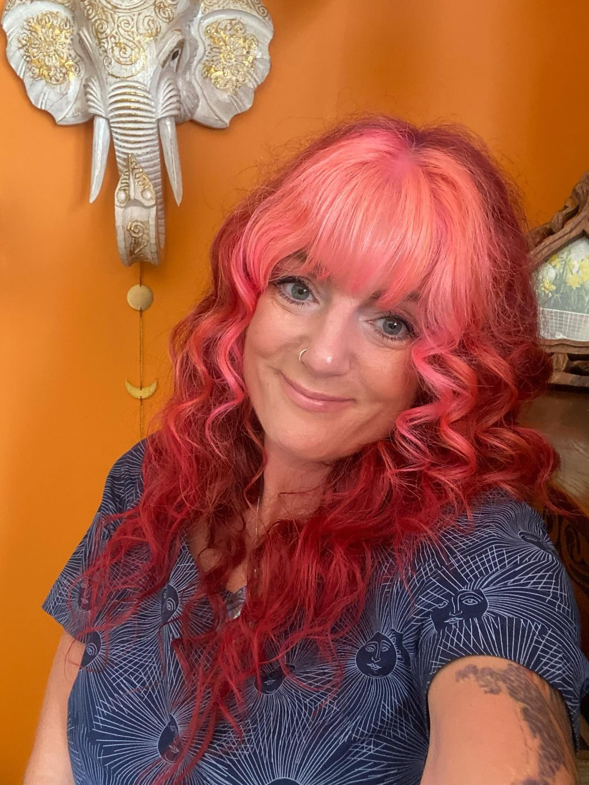 Pink and Coral Blend with Full Bangs — Coral Hair