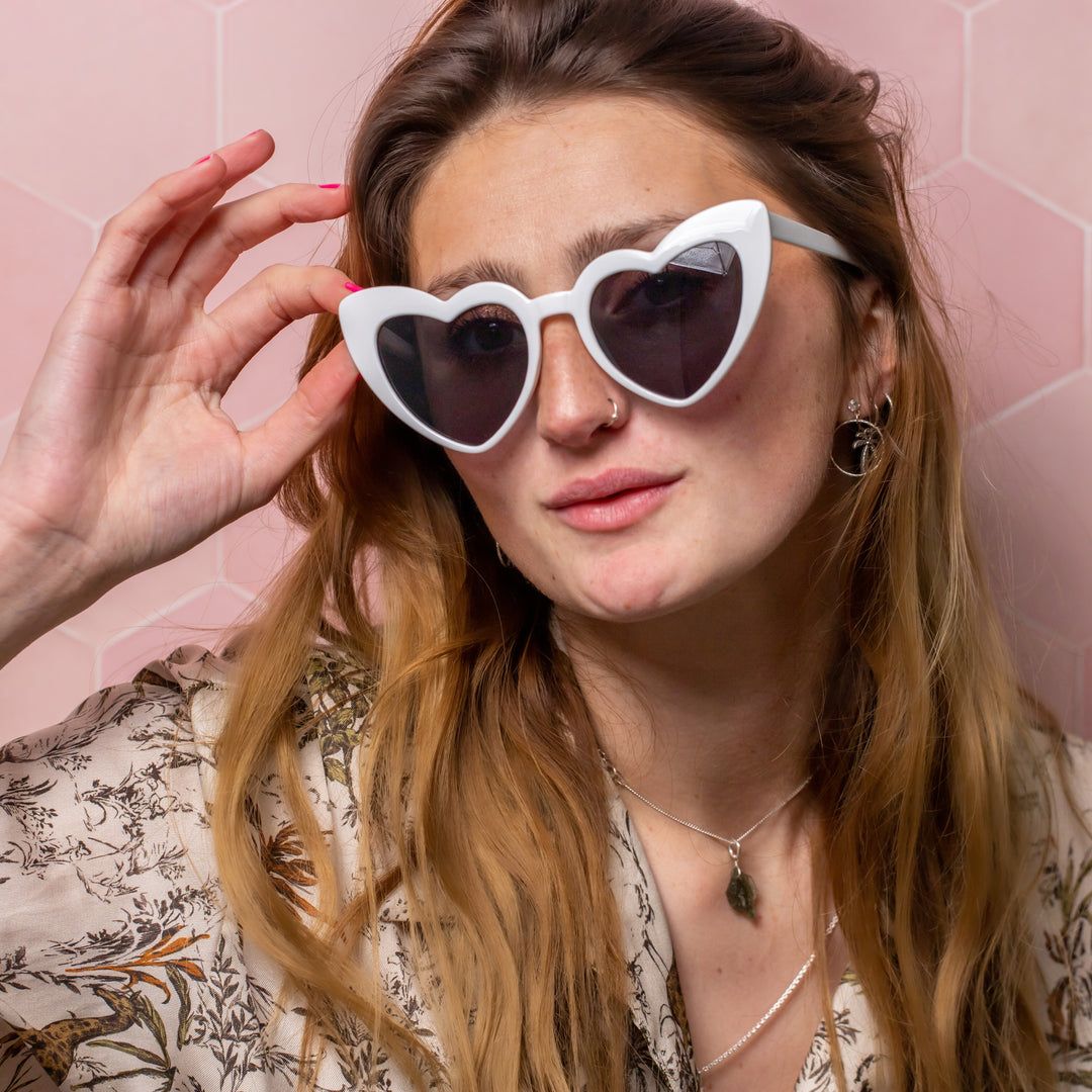White Heart-Shaped Sunglasses with Printed Blouse — Sunglasses for Heart Shaped Face